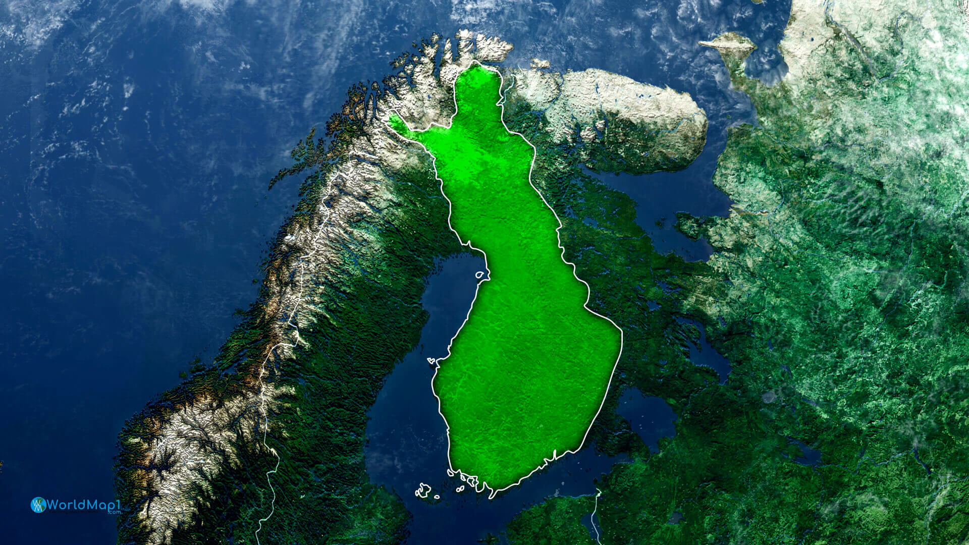 Carte satellite de la Finlande avec frontière nationale